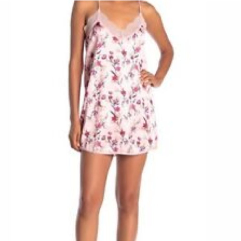 CHANCE FLORAL PRINT PINK SATIN LACE SLIP MINI DRES